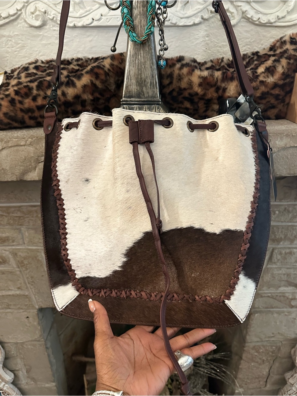 NWT American Darling Brown White Cowhide Drawstring Shoulder hobo Bag MSRP $198 - Picture 2 of 9